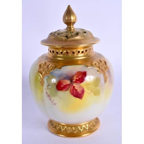 113 - Royal Worcester pot pourri vase and cover painted with autumnal leaves and berries by Kitty Blake, s... 