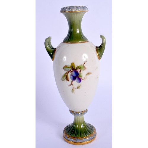 114 - Royal Worcester two handled vase painted with fruit date code for 1907.  16cm high