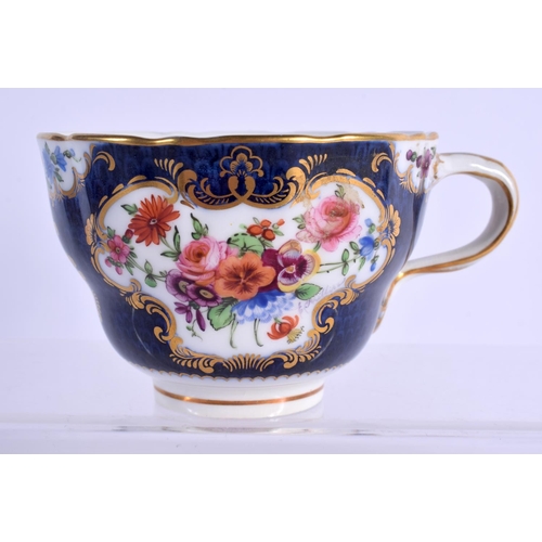 148 - Royal Worcester ogee shaped cup saucer and side plate painted with flower on a blue scale ground sig... 