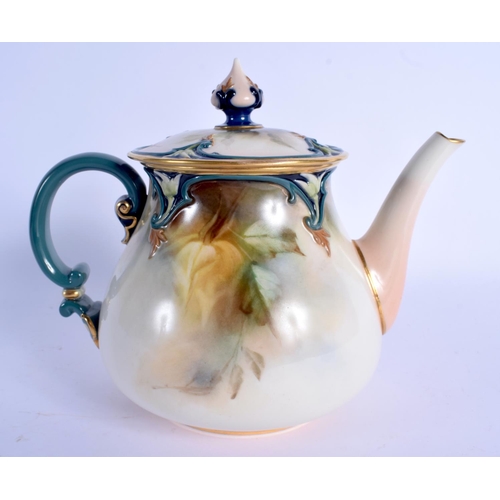 149 - Hadleys rare teapot and cover painted with roses, green mark.  20cm wide