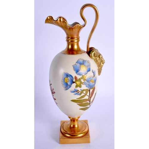 152 - Royal Worcester fine ivory ground ewer with satyr mask handle painted with flowers date code 1889.  ... 