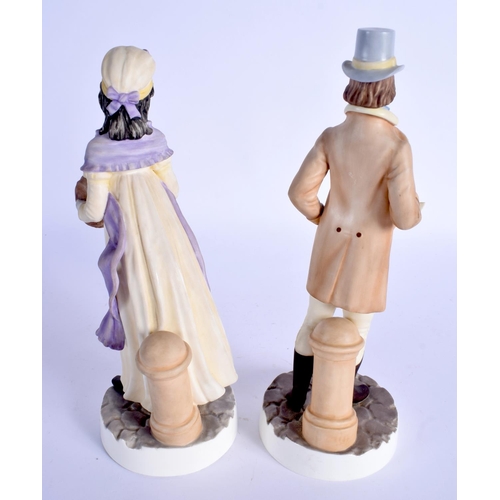 156 - Royal Worcester pair of figures of the Regency Lady and Gentleman, black mark. 22cm high (2)