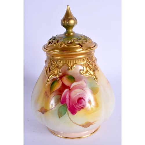 158 - Royal Worcester pot pourri and cover painted with roses by Millie Hunt, signed date code 1937.  16cm... 