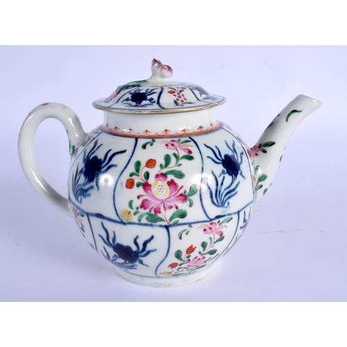 173 - 18th c. Worcester teapot and cover decorated in blue at the Worcester factory, the coloured flowers ... 