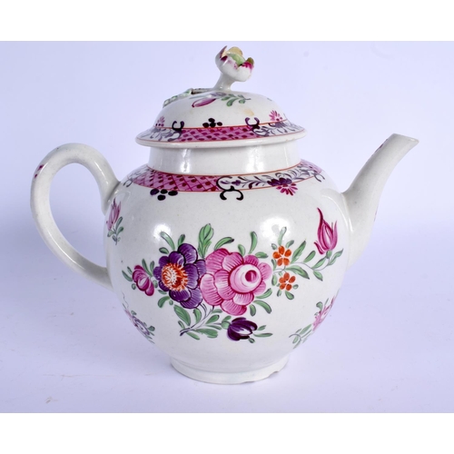 174 - 18th c. Worcester teapot and cover painted in Chinese export style with flowers and a pink diaper bo... 