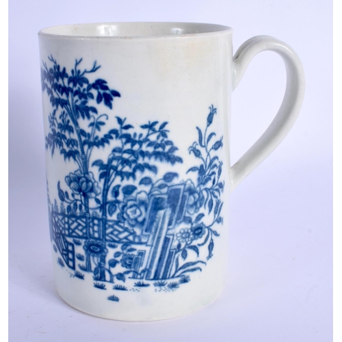 177 - 18th c. Worcester mug decorated in blue with Bamboo, Fence and rocks, verso with swimming duck and a... 