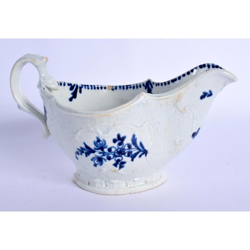 178 - 18th c. Liverpool, James Pennington sauceboat painted with flower sprays in blue.  18cm long, 10.5cm... 