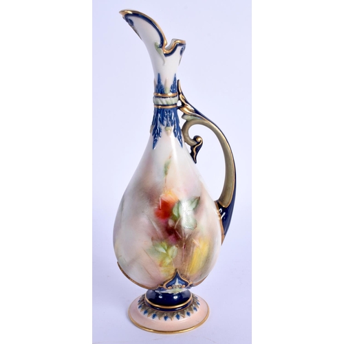 188 - Late 19th c. Hadley Worcester ewer with multi-coloured clays painted with roses.  20cm high