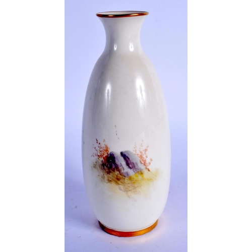 189 - Royal Worcester slender ovoid vase painted by R Rushton, signed with a thatched cottage with floweri... 