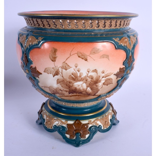 197 - Late 19th c. Hadley Worcester faience footed jardinere painted with birds.  17.5cm high