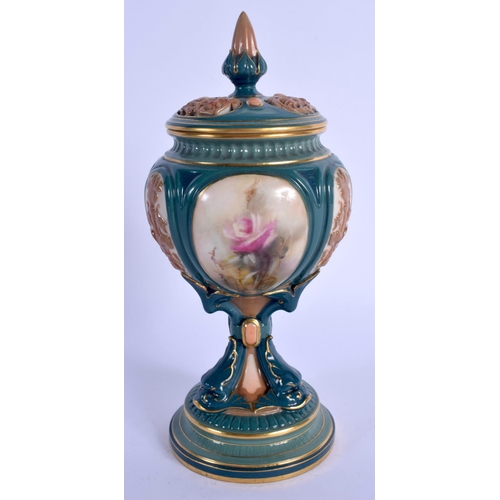 199 - Late 19th c. Hadley Worcester pedestal bowl and cover painted with irises and roses.  19cm high