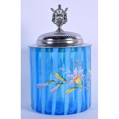 2 - AN EDWARDIAN ENAMELLED BLUE FLASH BISCUIT BARREL AND COVER decorated with flowers. 19 cm high.