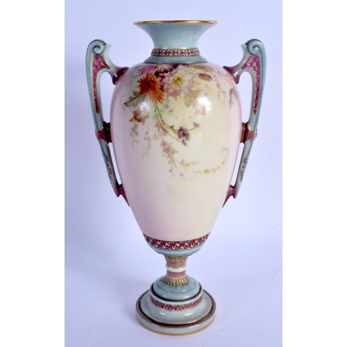 201 - Royal Worcester two handled vase painted in prismatic enamels with flowers date code 1894.  25cm hig... 