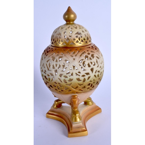 202 - Royal Worcester ovoid vase on three legs finely reticulated and coloured with ivory and blush ivory ... 