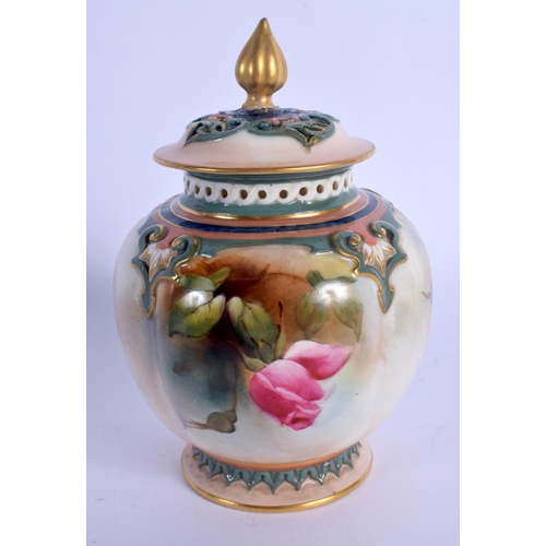 203 - Royal Worcester vase and cover in Hadley style painted with pink and yellow roses under a pierced ne... 