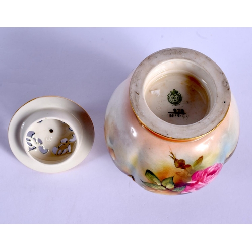 203 - Royal Worcester vase and cover in Hadley style painted with pink and yellow roses under a pierced ne... 