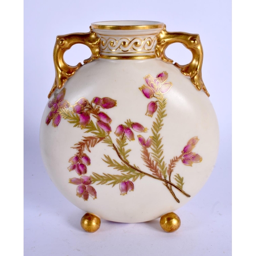 204 - Royal Worcester two handled moon flask painted with flowers on an ivory ground date code 1890.  13cm... 