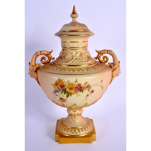 208 - Royal Worcester fine two handle mask-headed vase with moulded decoration painted with flowers on a b... 