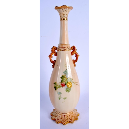 210 - Locke Worcester tall two handled vase with reticulate neck very well painted with raised leaf and gi... 