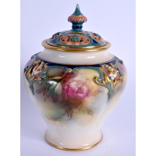 215 - Hadley Worcester pot pourri and cover painted with pink and yellow roses c. 1900.  12.5cm high