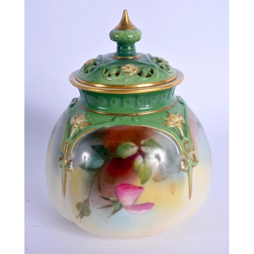 224 - Royal Worcester pot pourri vase and cover painted with red roses under a green border 1910, shape 17... 