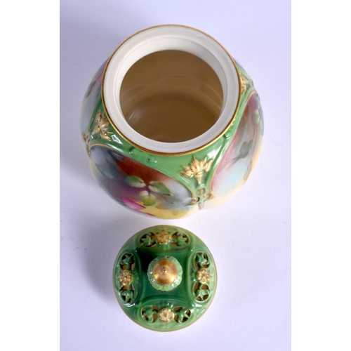 224 - Royal Worcester pot pourri vase and cover painted with red roses under a green border 1910, shape 17... 