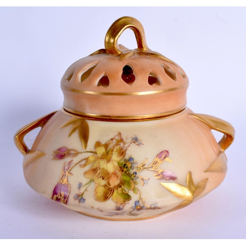 225 - Royal Worcester blush ivory pot pourri with two cover painted with flowers c.1918, shape 1326.  10cm... 