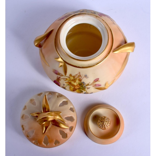 225 - Royal Worcester blush ivory pot pourri with two cover painted with flowers c.1918, shape 1326.  10cm... 