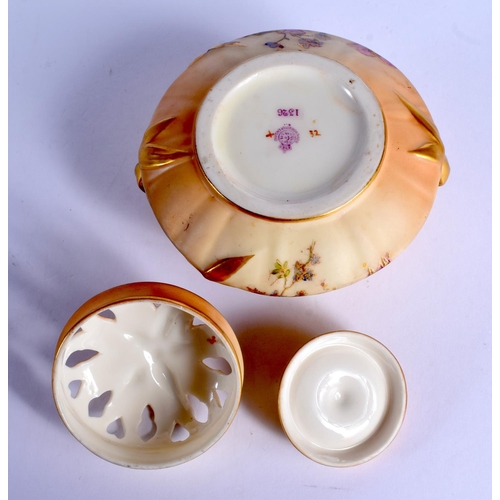 225 - Royal Worcester blush ivory pot pourri with two cover painted with flowers c.1918, shape 1326.  10cm... 