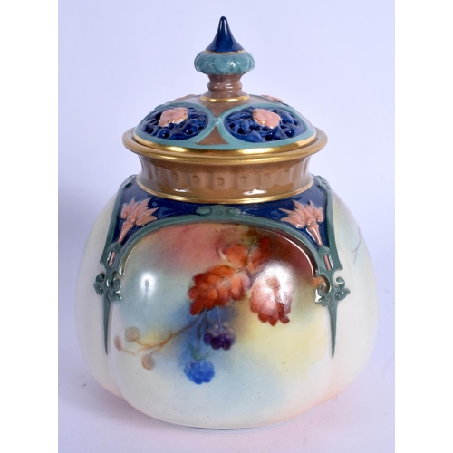 226 - Royal Worcester pot pourri vase and cover moulded in coloured clays painted in Hadley style with red... 