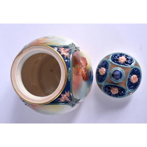 226 - Royal Worcester pot pourri vase and cover moulded in coloured clays painted in Hadley style with red... 