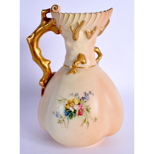 237 - Royal Worcester coral handled jug painted with flowers on a blush ivory ground, date code 1901, shap... 