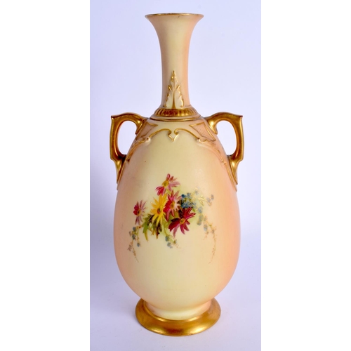 238 - Royal Worcester two handled vase painted with flowers on a blush ivory ground, date code 1904, shape... 