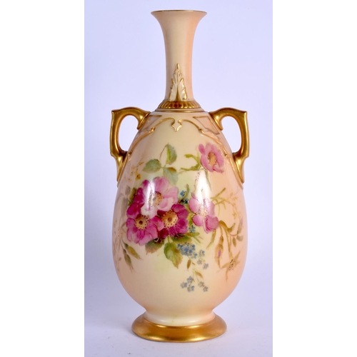 241 - Royal Worcester two handled vase painted with flowers on a blush ivory ground, date code 1910, shape... 