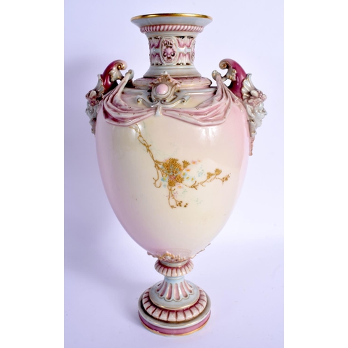 244 - Royal Worcester two handled vase gilded with raised flowering tree branches the ground decorated wit... 