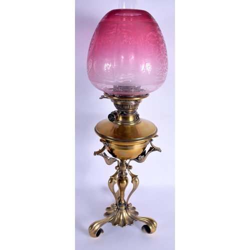 270 - A LARGE ART NOUVEAU BRONZE OIL LAMP Attributed to James William Benson (1826-1878). 58 cm high not i... 