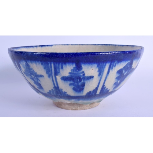 280 - AN EARLY 20TH CENTURY ISLAMIC PERSIAN BLUE AND WHITE POTTERY BOWL painted with motifs. 19 cm wide.