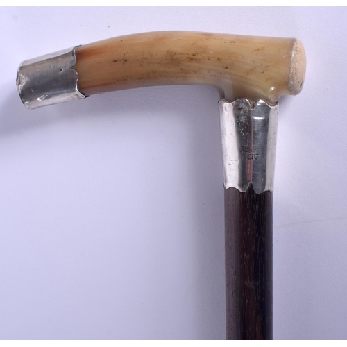 304 - A 19TH CENTURY CONTINENTAL CARVED BUFFALO HORN WALKING CANE with silver mounts. 88 cm long.