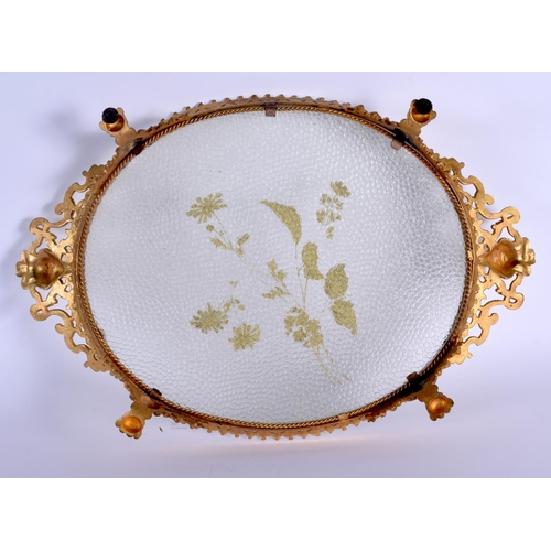 314 - A LARGE 19TH CENTURY FRENCH ORMOLU AND CLEAR GLASS TRAY decorated with gilt foliage. 48 cm x 30 cm.