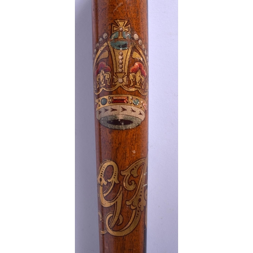 318 - TWO 19TH CENTURY PAINTED WOOD TRUNCHEON one stamped M Norton of Glasgow. Largest 46 cm long. (2)