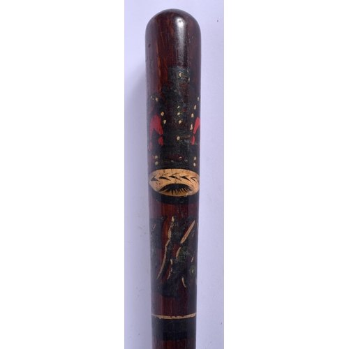 318 - TWO 19TH CENTURY PAINTED WOOD TRUNCHEON one stamped M Norton of Glasgow. Largest 46 cm long. (2)