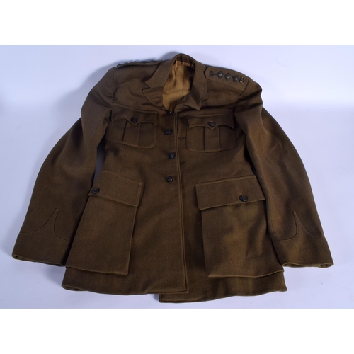 320 - TWO MILITARY GREEN JACKETS together with a similar leather belt. Longest jacket 86 cm long. (3)