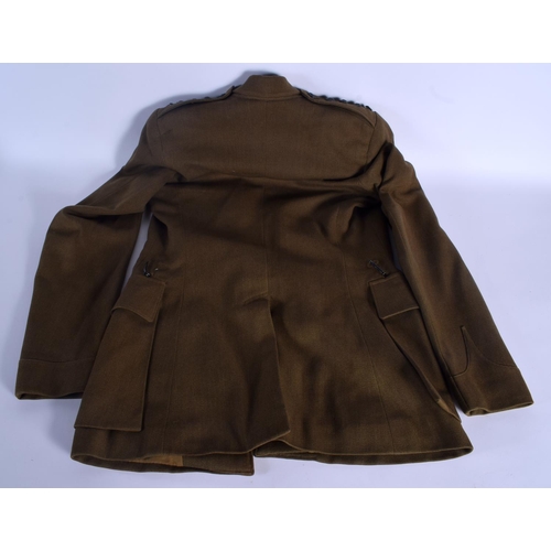 320 - TWO MILITARY GREEN JACKETS together with a similar leather belt. Longest jacket 86 cm long. (3)