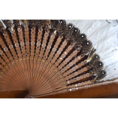 324 - A 1920S FRAMED FEATHER FAN with a painted wood stems. Fan 55 cm wide.