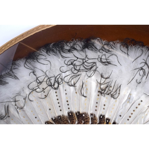 324 - A 1920S FRAMED FEATHER FAN with a painted wood stems. Fan 55 cm wide.