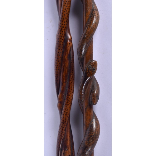 341 - TWO EARLY 20TH CENTURY CONTINENTAL FOLK ART CARVED SNAKE WALKING CANES. 94 cm long. (2)