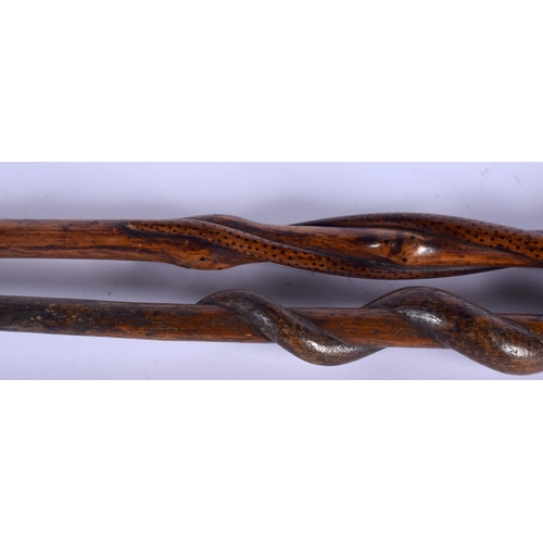 341 - TWO EARLY 20TH CENTURY CONTINENTAL FOLK ART CARVED SNAKE WALKING CANES. 94 cm long. (2)