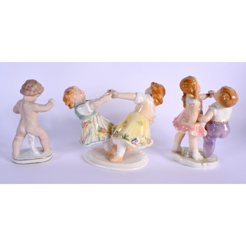 35 - TWO KARL ENZ VOLKSTEDT PORCELAIN FIGURAL GROUPS together with another similar. Largest 14 cm x 14 cm... 