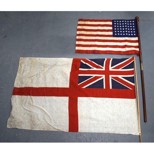 356 - TWO VINTAGE MILITARY FLAGS. Pole 104 cm long. (2)