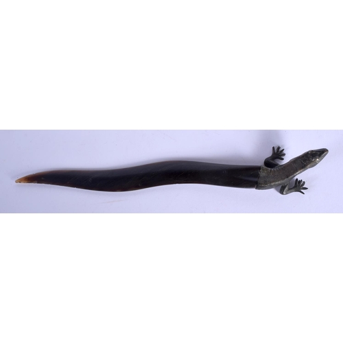 358 - A 19TH CENTURY CONTINENTAL BRONZE CAPPED HORN LIZARD possibly a paper knife. 23.5 cm long.